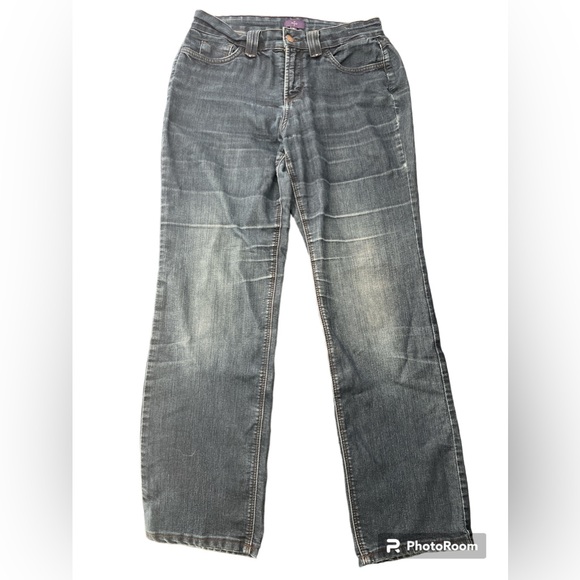 NYDJ Marilyn Straight Jeans DARK WASH distressed naturally SZ 10 EUC - Picture 1 of 13